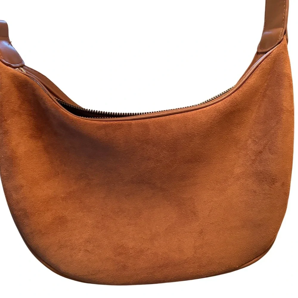 Cognac Brown Suede Crescent Hobo Bag Adjustable Strap Gold Hardware